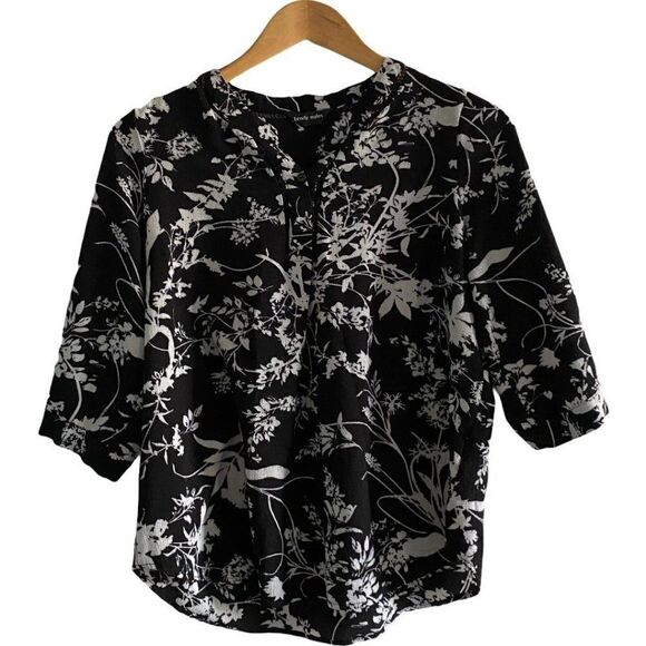 Brody myles Black and White Floral Print V Neck Blouse 3/4 Length Sleeves US M - Picture 1 of 8